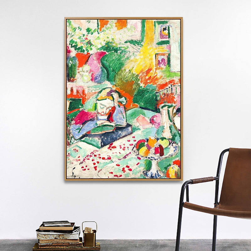 Avelena | Mädchen Buch Lesen Malerei Grün Moderne Kunst Leinwand Wandkunst für Schlafzimmer, Texturiert
