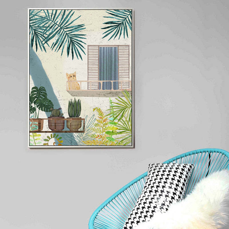 Avelena | Malerei Balkon Katze Leinwanddruck Mädchenzimmer Stillleben Wandkunst In Grün für Dekor