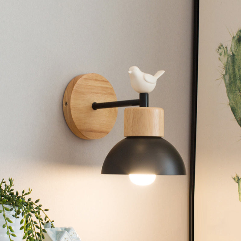 Avelena | Nordic Style Wandlampe Dome 1 Birne Metall & Holz Wandleuchte mit Vogel für Kinderzimmer