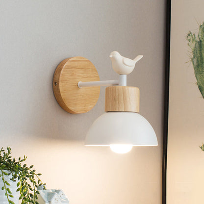 Avelena | Nordic Style Wandlampe Dome 1 Birne Metall & Holz Wandleuchte mit Vogel für Kinderzimmer
