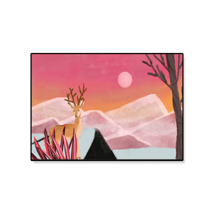 Avelena | Weicher Farb Kinder Wandkunst Illustration Hirsch Im Späten Nachtwald Canvas Druck für Das Schlafzimmer