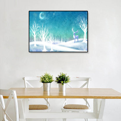 Avelena | Weicher Farb Kinder Wandkunst Illustration Hirsch Im Späten Nachtwald Canvas Druck für Das Schlafzimmer
