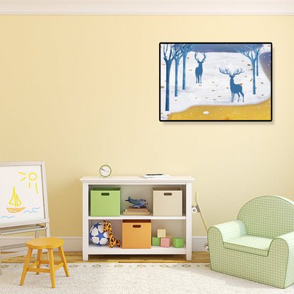 Avelena | Weicher Farb Kinder Wandkunst Illustration Hirsch Im Späten Nachtwald Canvas Druck für Das Schlafzimmer