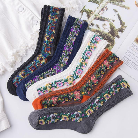 Avelena | Vintage Socken mit Blumenstickerei (5 Paar)