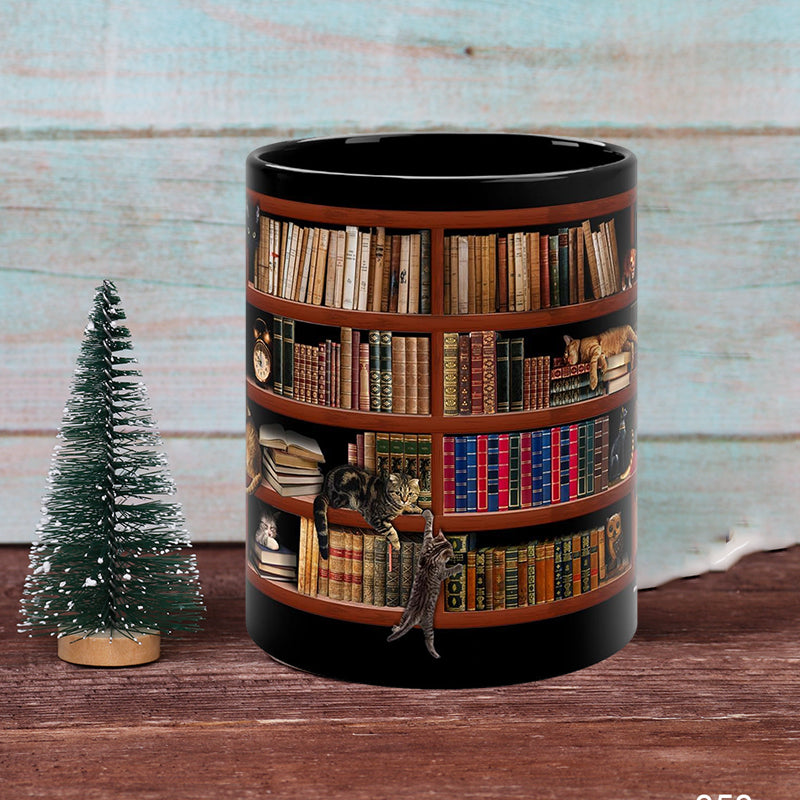 Avelena | Bücherregal Keramikkaffeebecher - Geschenk für Katzenbuchliebhaber