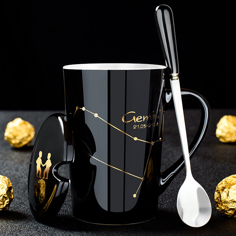 Avelena | 12 Tierkreiszeichen Schwarze Keramiktasse mit Deckel Löffel
