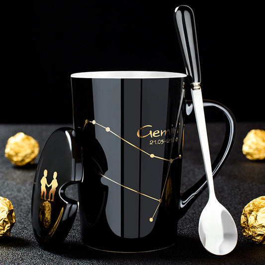 Avelena | 12 Tierkreiszeichen Schwarze Keramiktasse mit Deckel Löffel