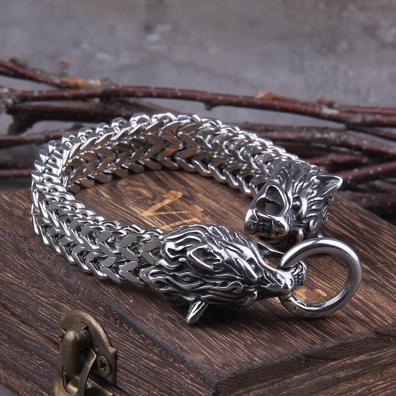 Avelena | Viking Edelstahl Doppel Wolf Kopf Fenrir Armband