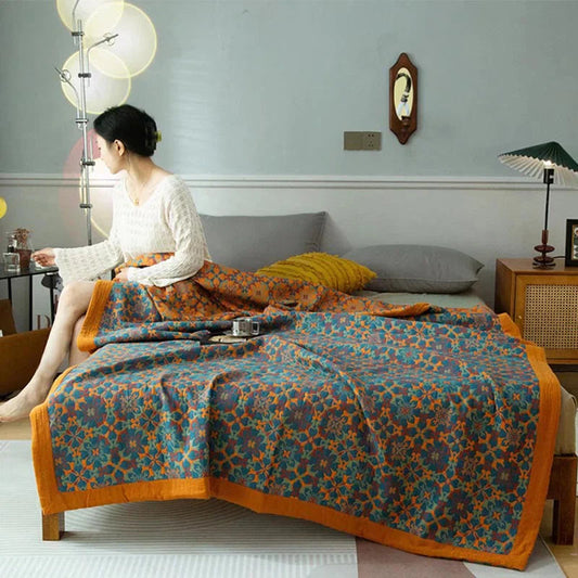 Avelena | Sechslagige Baumwolldecke mit Orange-Blauem Muster