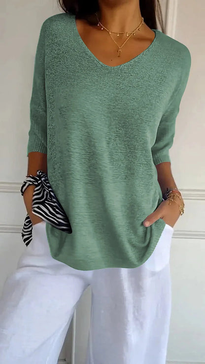 Avelena | Bequemer Gestrickter V-Ausschnitt-Top