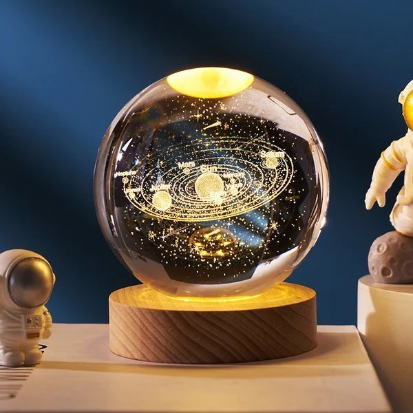 Avelena | 3D Kristallkugel Sonnensystem | Lasergravur | Optional mit LED-Lichtbasis & Geschenkbox