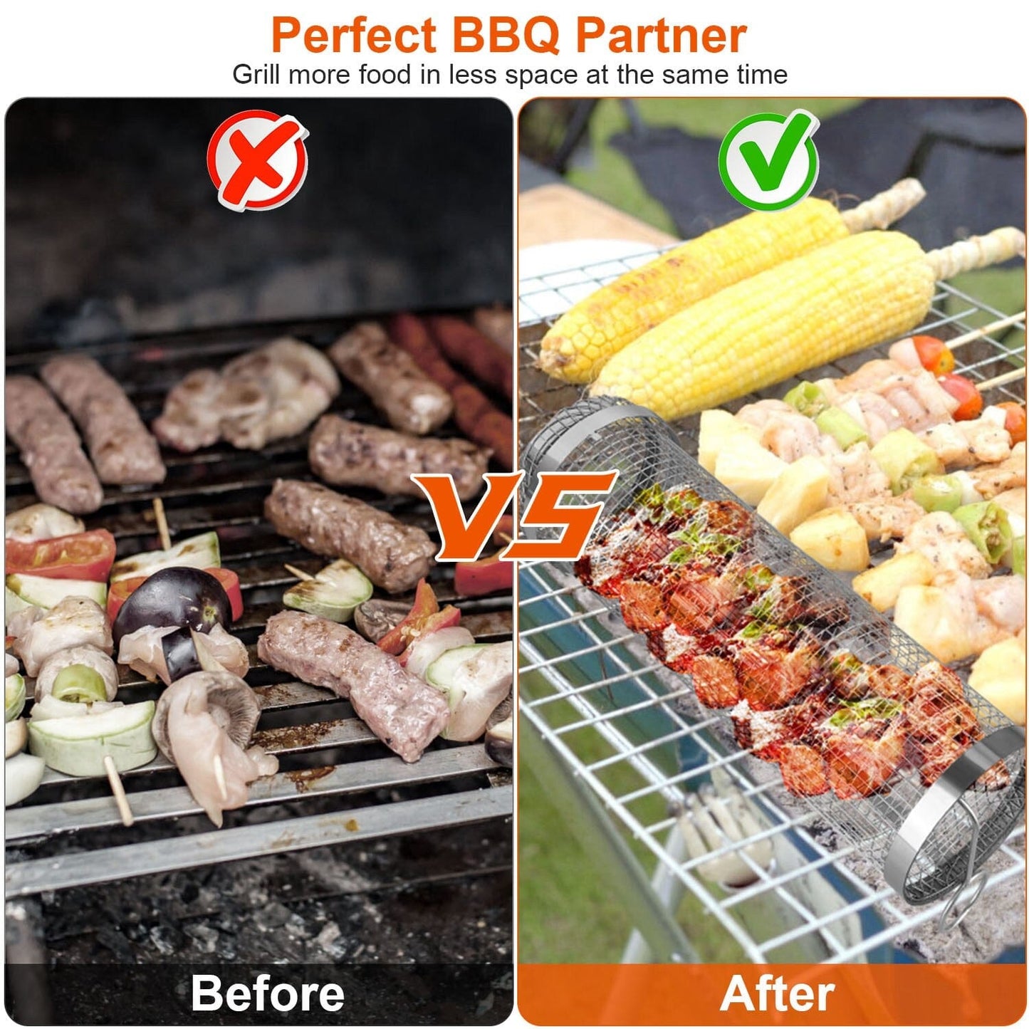 Avelena | 2-teilig: Tragbarer BBQ Rollkorb Runder Edelstahlgrill