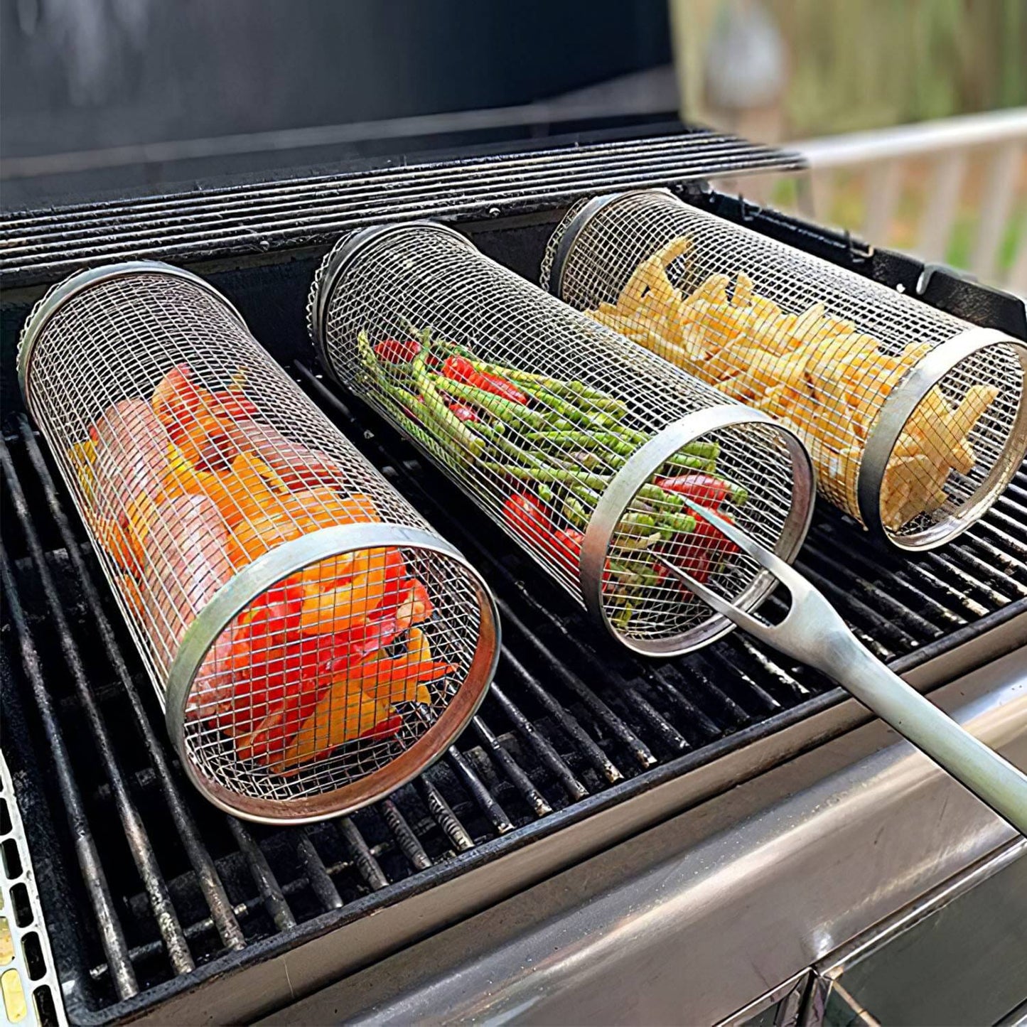 Avelena | 2-teilig: Tragbarer BBQ Rollkorb Runder Edelstahlgrill