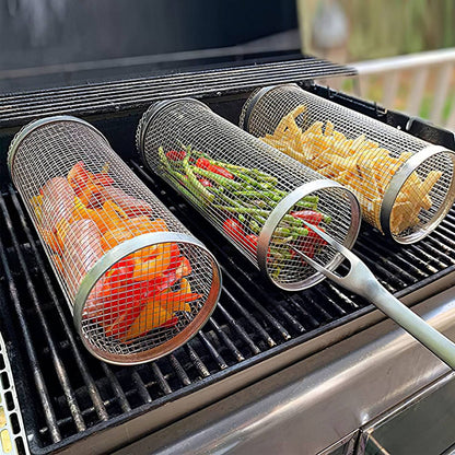 Avelena | 2-teilig: Tragbarer BBQ Rollkorb Runder Edelstahlgrill