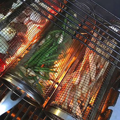 Avelena | 2-teilig: Tragbarer BBQ Rollkorb Runder Edelstahlgrill