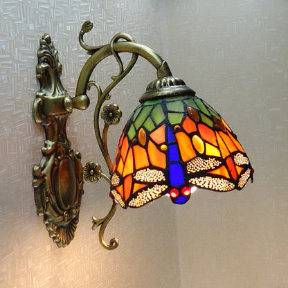 Avelena | Handgeschnittene Glaslibelle Wandlampe Tiffany-Stil 1 Licht Wandmontage Lichtarmatur mit geschnitztem Rückplatte