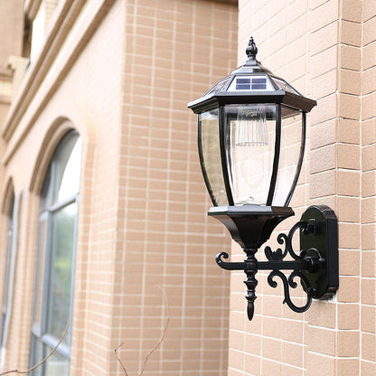 Avelena | Vintage House Shaped Solar Wandlamp Metallisch LED Wandmontierte Lampe mit Glasschirm für Außenbereich