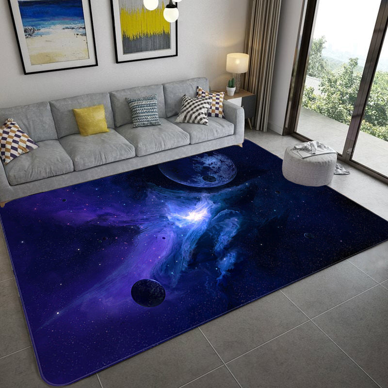 Avelena | Mystical Galaxy 3D Grafik Teppich Blau-Schwarz Polypropylen Teppich Anti-Rutsch Rücken Waschbar Fleckenresistent Teppich für Wohnzimmer
