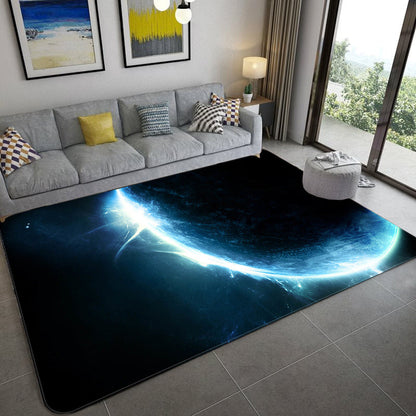 Avelena | Mystical Galaxy 3D Grafik Teppich Blau-Schwarz Polypropylen Teppich Anti-Rutsch Rücken Waschbar Fleckenresistent Teppich für Wohnzimmer