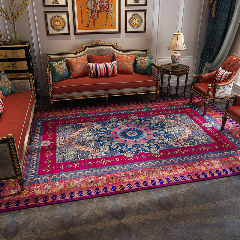 Avelena | Magnificent Floral Printed Rug Multi-Color Moroccan Rug Polyester Waschbar Rutschfeste Unterlage Fleckenbeständiger Teppich für Gästezimmer