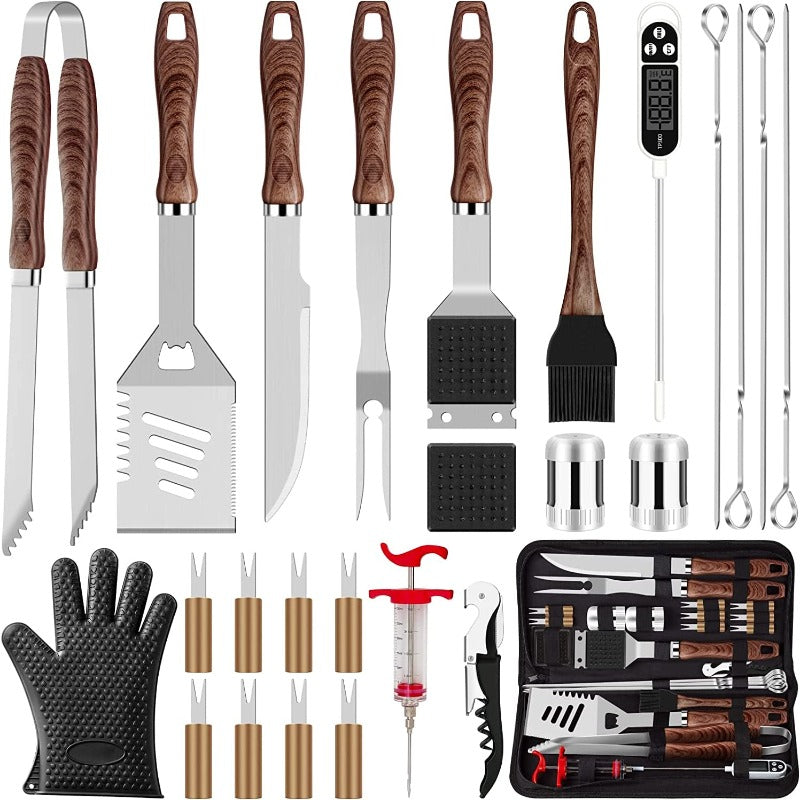 Avelena | 26 Stück Grillzubehör Set - Edelstahl Schweres Bbq Werkzeug Mit Handschuhen Und Korkenzieher