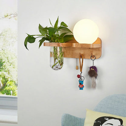 Avelena | Creme Glas Geometrische Wandleuchte Art Deco 1 Kopf Wandmontierte Licht mit Pflanzenbehälter und Holzregal