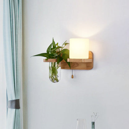 Avelena | Creme Glas Geometrische Wandleuchte Art Deco 1 Kopf Wandmontierte Licht mit Pflanzenbehälter und Holzregal