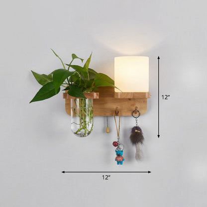 Avelena | Creme Glas Geometrische Wandleuchte Art Deco 1 Kopf Wandmontierte Licht mit Pflanzenbehälter und Holzregal
