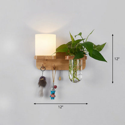 Avelena | Creme Glas Geometrische Wandleuchte Art Deco 1 Kopf Wandmontierte Licht mit Pflanzenbehälter und Holzregal