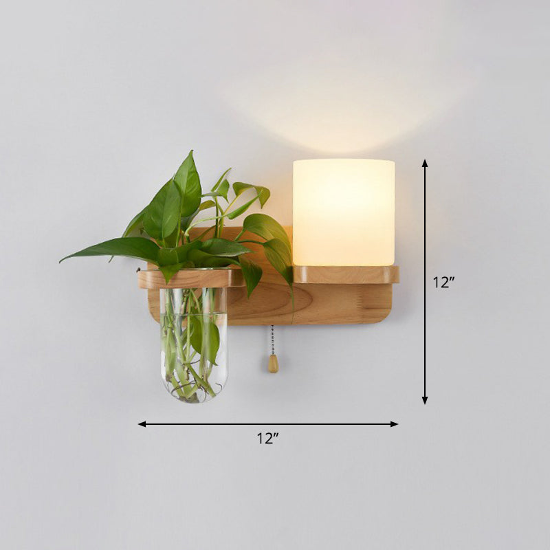 Avelena | Creme Glas Geometrische Wandleuchte Art Deco 1 Kopf Wandmontierte Licht mit Pflanzenbehälter und Holzregal