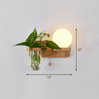 Avelena | Creme Glas Geometrische Wandleuchte Art Deco 1 Kopf Wandmontierte Licht mit Pflanzenbehälter und Holzregal