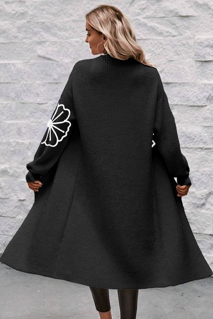 Avelena | Offene Schulterfreie Duster-Strickjacke mit Blumenstickerei