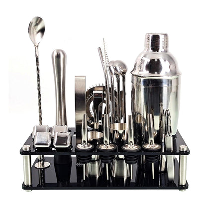 Avelena | 23pcs/Set Barkeeper Kit Professionelle Vielseitigkeit Edelstahl Martini Cocktail Shaker mit Stand Bar Zubehör