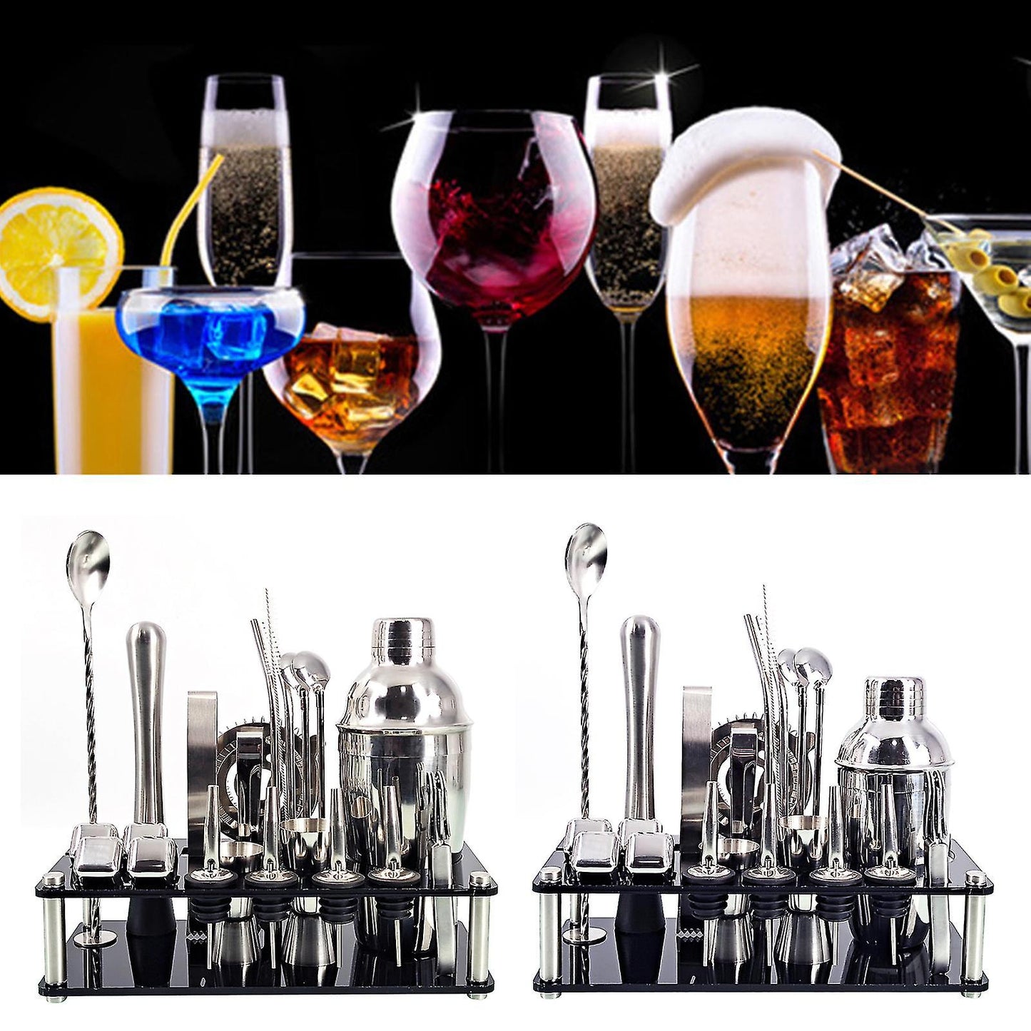 Avelena | 23pcs/Set Barkeeper Kit Professionelle Vielseitigkeit Edelstahl Martini Cocktail Shaker mit Stand Bar Zubehör