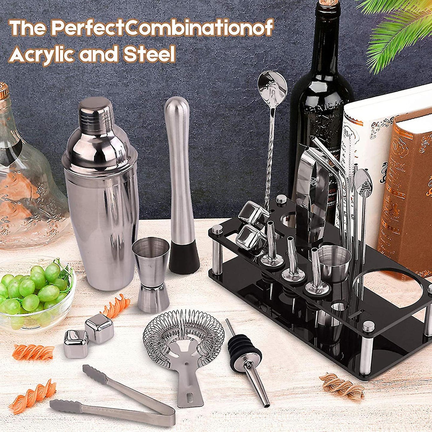 Avelena | 23pcs/Set Barkeeper Kit Professionelle Vielseitigkeit Edelstahl Martini Cocktail Shaker mit Stand Bar Zubehör