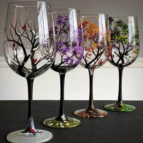 Avelena | Vier Jahreszeiten Baum Weingläser - Hand gemalt Kunst