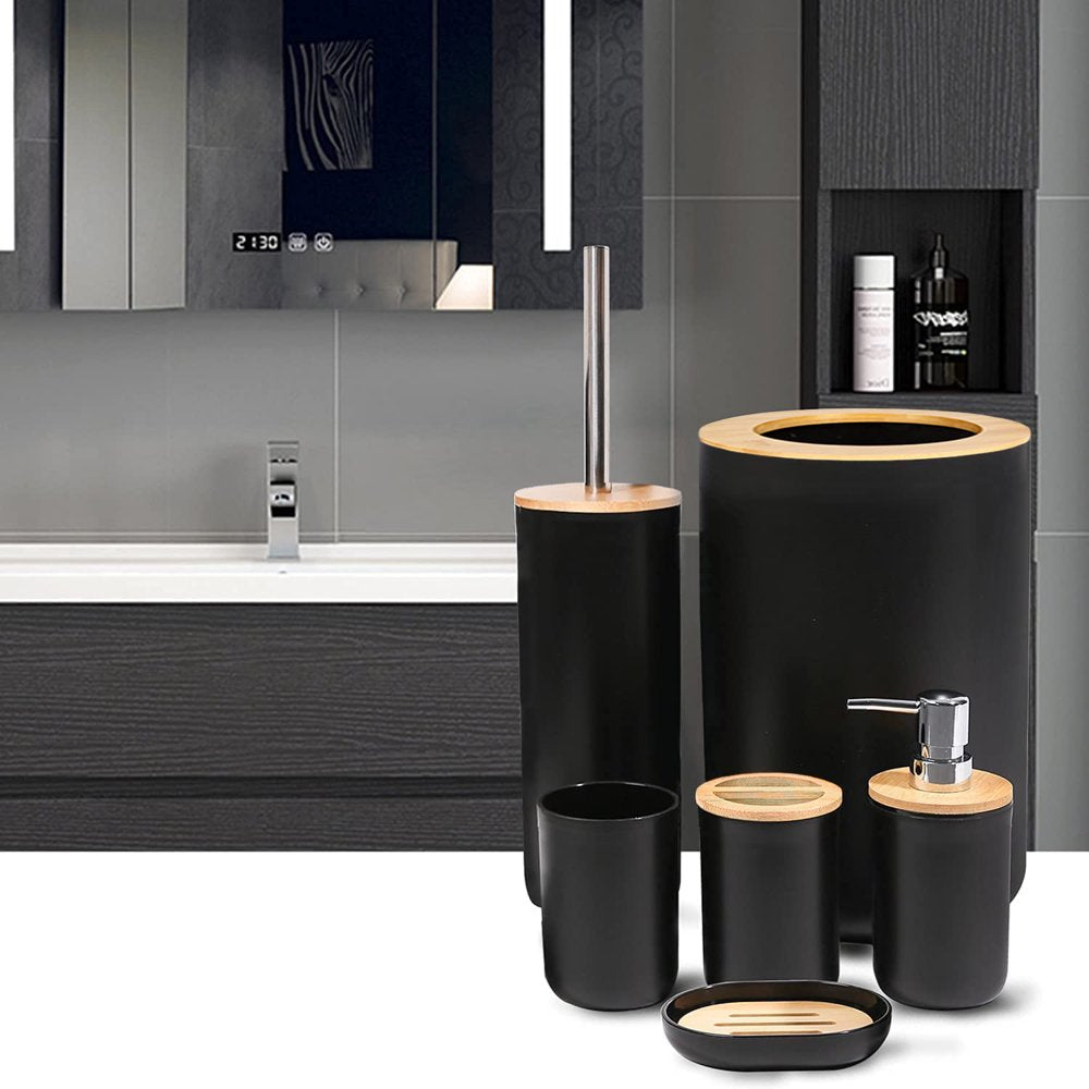 Avelena | 6-teiliges Badset - Seifenschale Zahnbürstenhalter Mundspülbecher Lotionflasche Mülleimer WC-Bürste - Praktisches WC-Set für Zuhause Wäschempfang, Schwarz