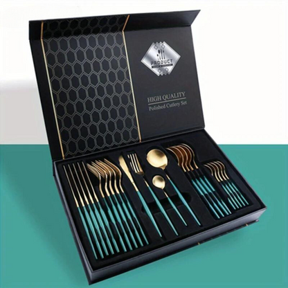 Avelena | Luxuriöses Besteckset – 24-teilig – goldfarbener Edelstahl – Messer, Gabel, Löffel – Küchenzubehör