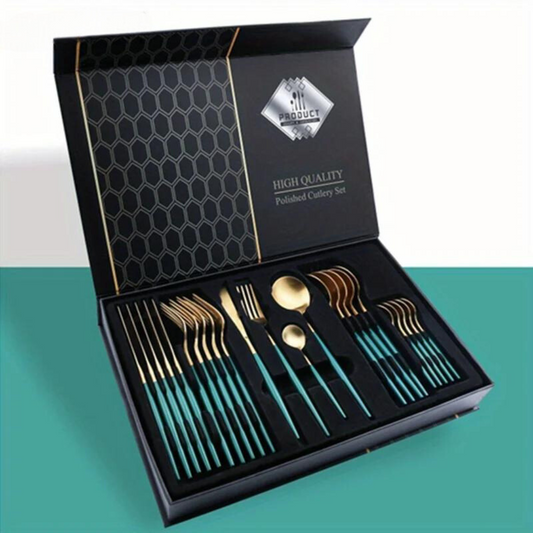 Avelena | Luxuriöses Besteckset – 24-teilig – goldfarbener Edelstahl – Messer, Gabel, Löffel – Küchenzubehör