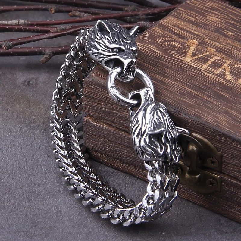 Avelena | Viking Edelstahl Doppel Wolf Kopf Fenrir Armband