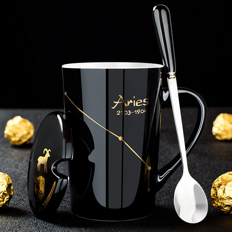 Avelena | 12 Tierkreiszeichen Schwarze Keramiktasse mit Deckel Löffel