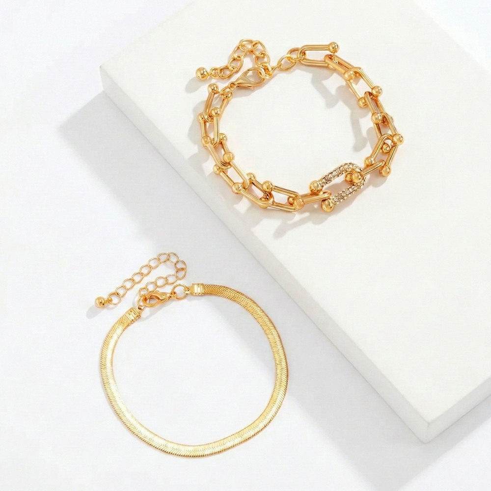 Damen Armband-Set mit Gliederdesign & Schlangenarmband in Goldoptik | Shopnory