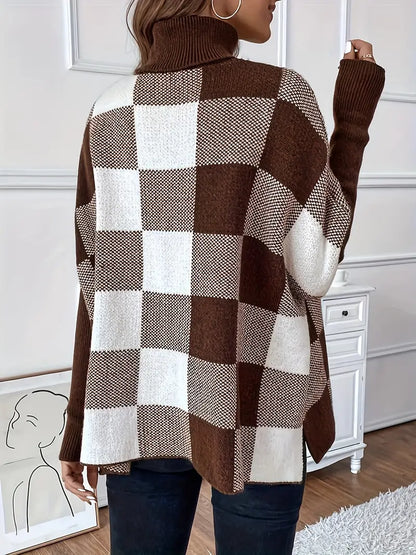 Avelena | Plaid Color Block Turtle Neck Sweater, Eleganter Langarmpullover