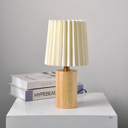 Avelena | Vintage Korean Plissee Säule Massivholz Basis 1-Licht Tischlampe