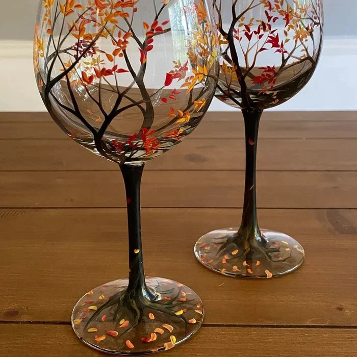 Avelena | Vier Jahreszeiten Baum Weingläser - Hand gemalt Kunst
