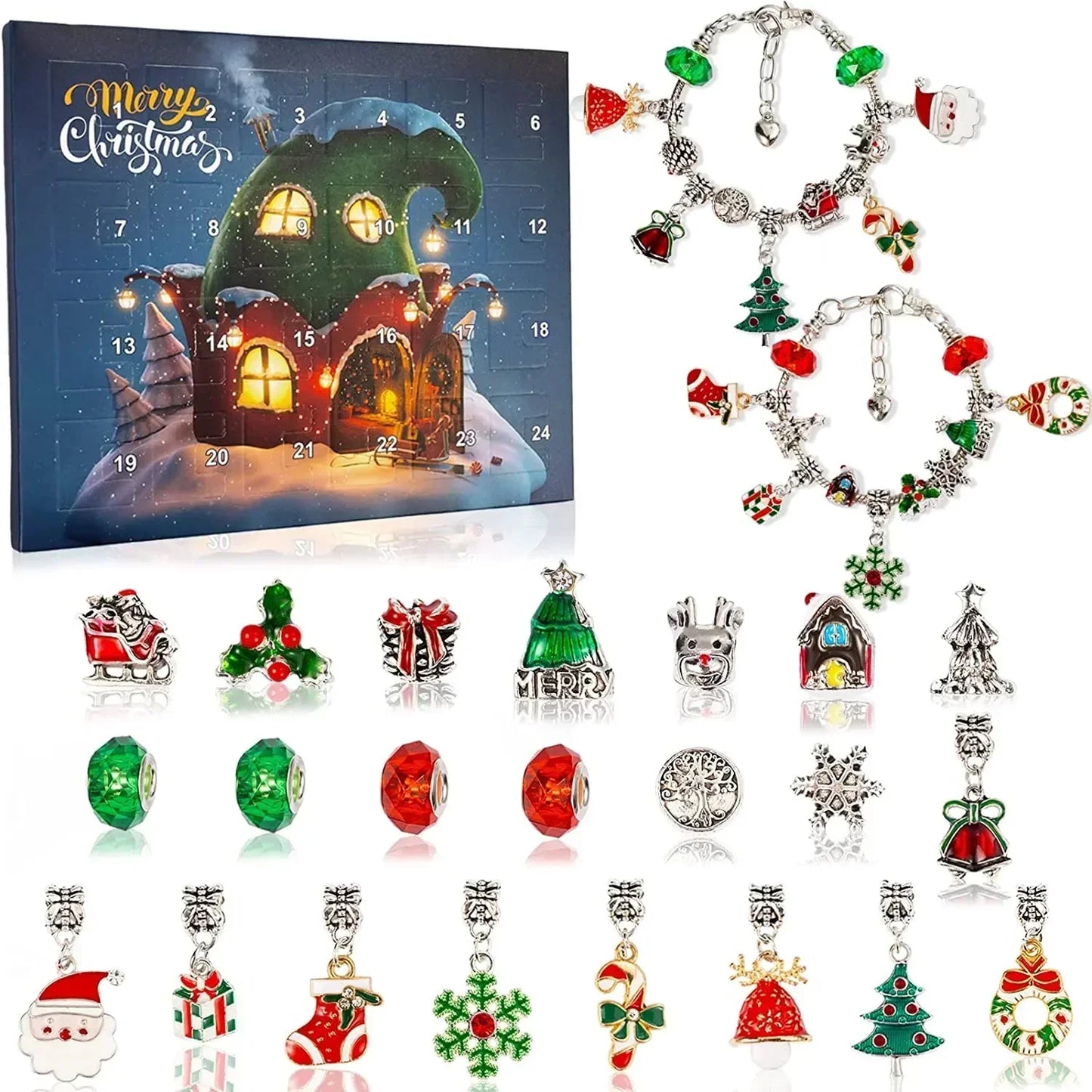 Avelena | Adventskalender Schmuckset | DIY Weihnachts-Armband mit 24 Anhängern | Festliche Countdown-Idee