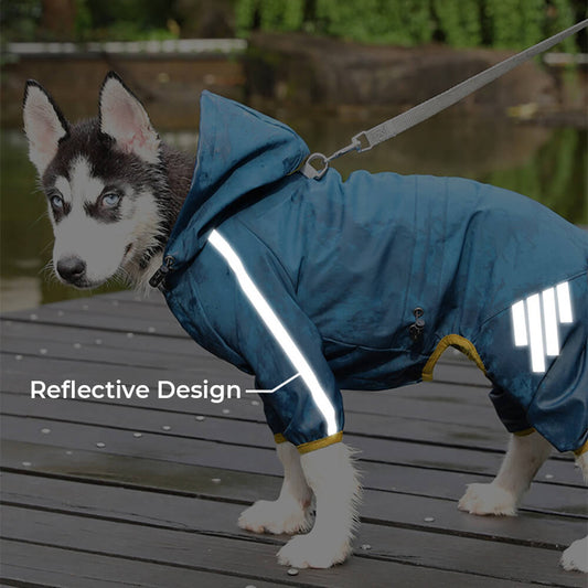 Avelena | Stylische wasserdichte verstellbare reflektierende Streifen Hunderegenjacke mit Kapuze