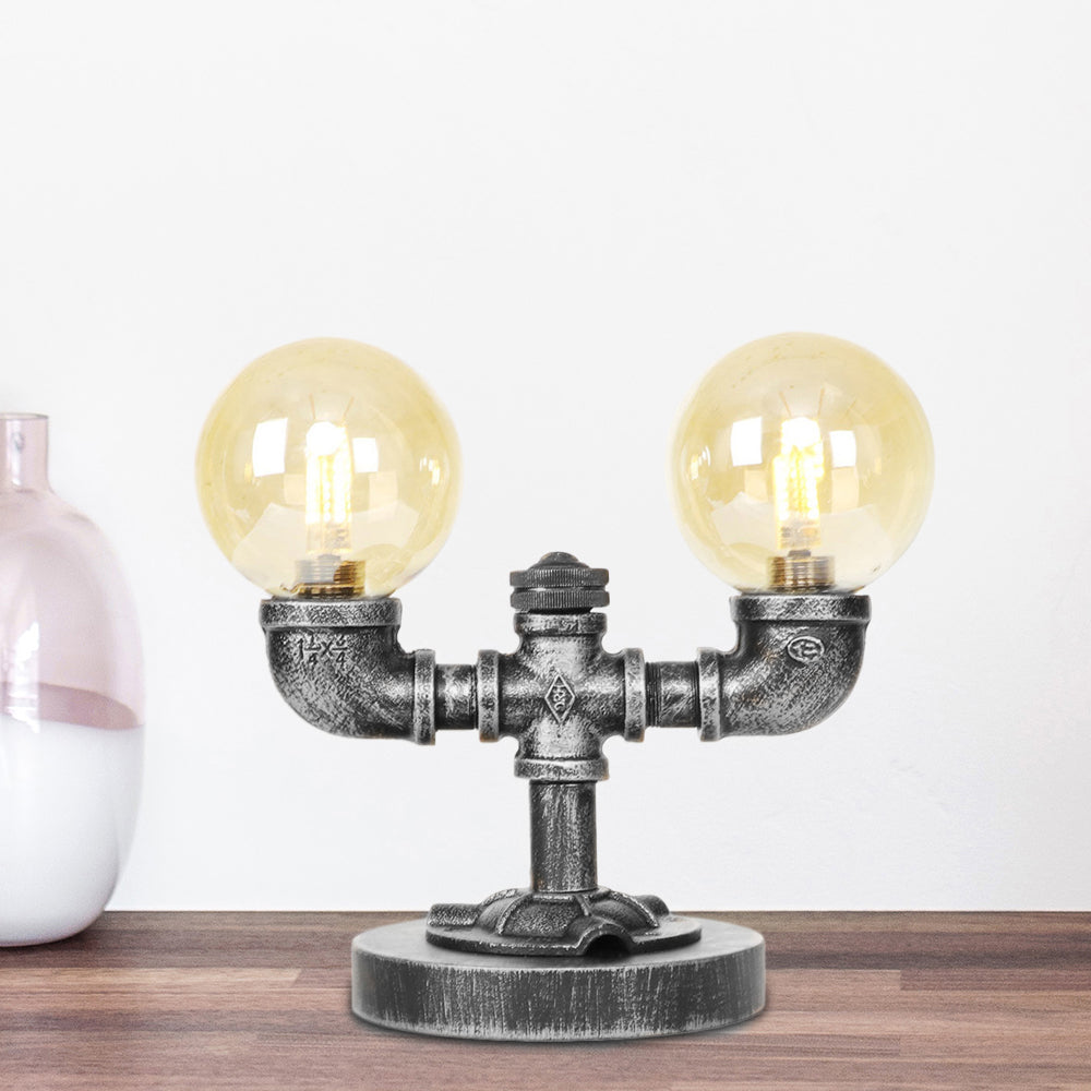 Avelena | Industrielle Runde Schirm Schreibtischlampe 2/3-Lampe Klar/Amber Glas Aufgabenbeleuchtung In Antik Silber/Bronze mit Fuß