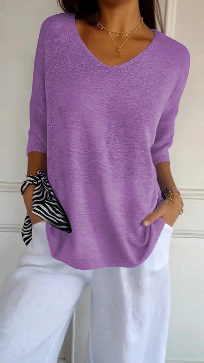 Avelena | Bequemer Gestrickter V-Ausschnitt-Top