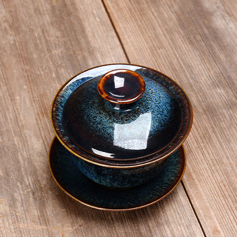 Avelena | Vintage Kiln Keramik Gaiwan Sancai Teetasse Teetasse und Untertasse mit Deckel